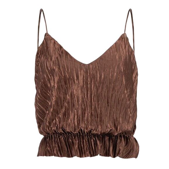 Zara Tops - Zara Bronze Brown Travel Crinkle Satin Peplum Tank Spaghetti Strap V-Neck S